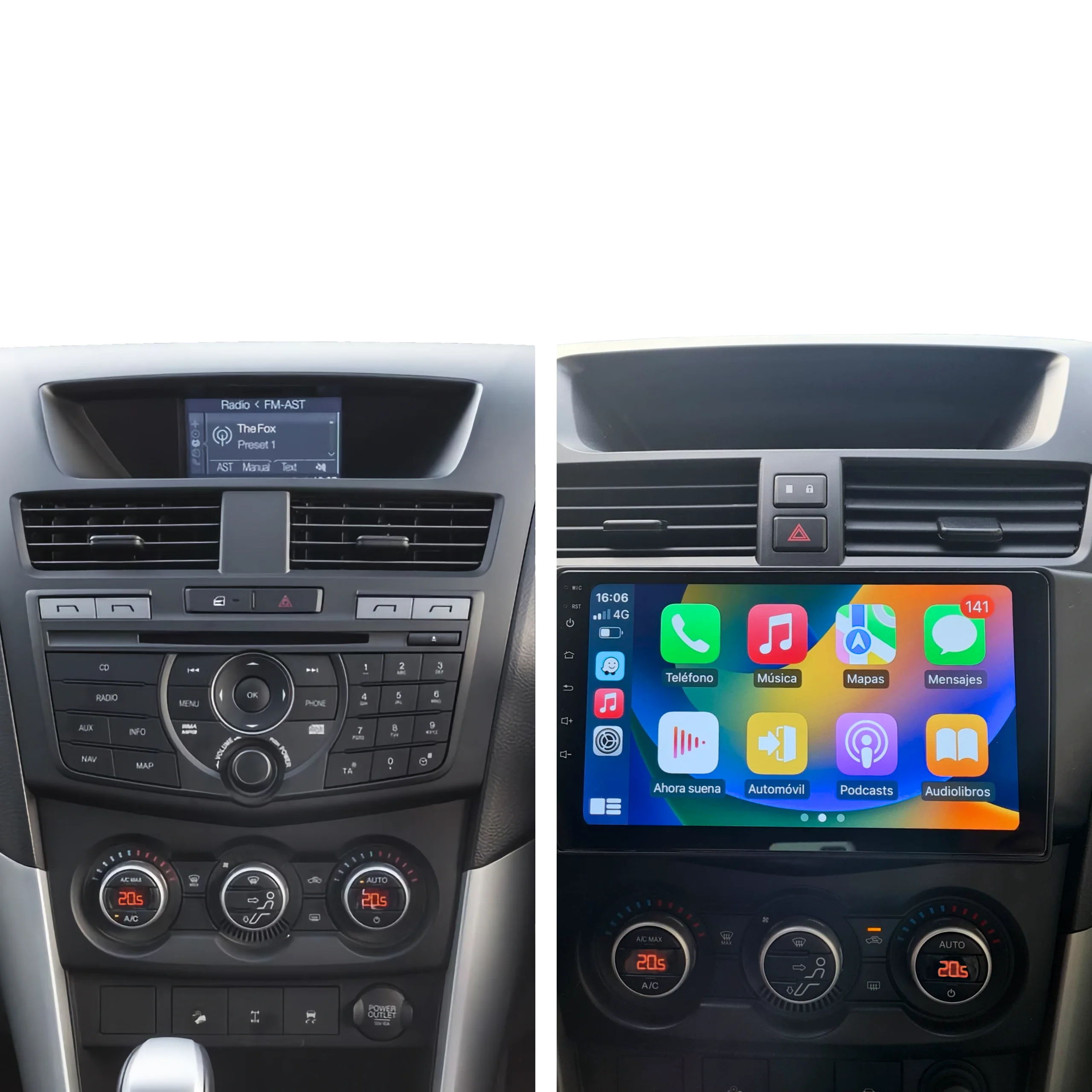 Before and after comparison of Novo Nav head unit in a Mazda BT-50